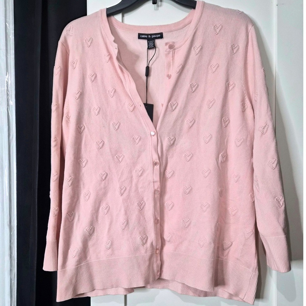 NWT Cable & Gauge Pink Heart Embroidered Button Front Cardigan Sweater XL